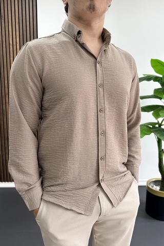 Edwox Erkek Keten Karışımlı Slim Fit Gömlek Vizon Edw499