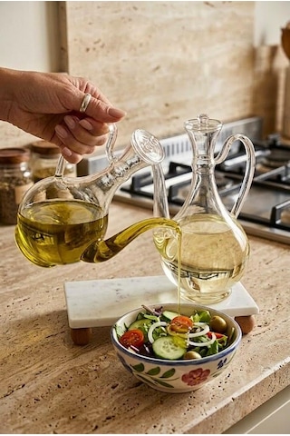 Mermer Stantlı 2'li Borosilikat Cam Yağlık Sirkelik Seti 750 Ml - Akıtmayan Kulplu Cam İbrik Yağdanlık Şeffaf
