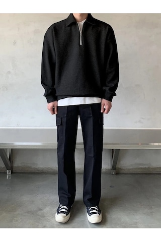 Genius Store Polo Yaka Yarım Fermuar Oversize Erkek Sweatshirt - Siyah