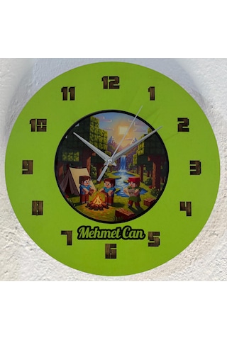 Kişiye Özel İsimli Bloklu Dünya Tasarımlı Duvar Saati Epoksi Dolgulu Resimli & Rakamlı 35 Cm Açık Yeşil