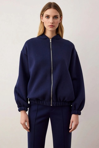 Benerly Kadın Bisiklet Yaka Düşük Kol Fermuarlı Oversize Kalın Örme Sweat Lacivert