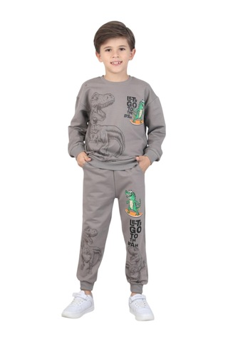 Erdem Kıds Erkek Çocuk Dinozor Baskılı Pijama Takımı İki İplik Eşofman Takımı Okul İkili Takım Taş Taş