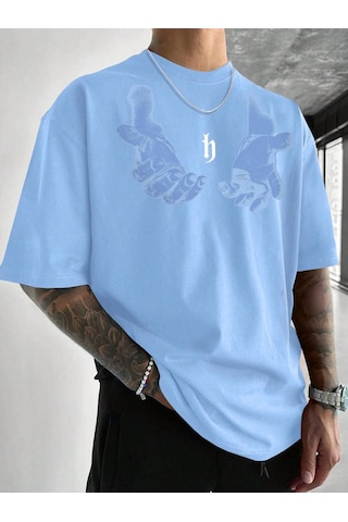 Erkek El Baskı Oversize Bebe Mavi Baskılı T-shirt - Bisiklet Yaka Kısa Kol Rahat Kalıp Tişört Bebe Mavi