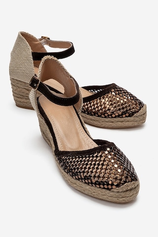 Luvi Shoes Drelıx Kahverengi Süet Hakiki Deri Taş Detaylı Fileli Kadın Dolgu Topuklu Sandalet