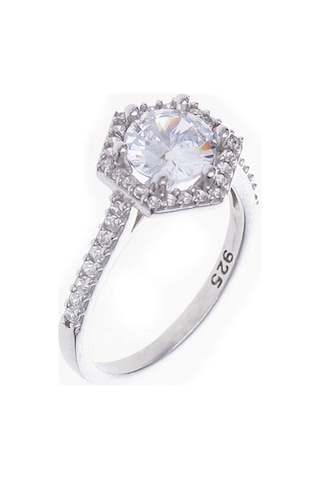 7mm Zirkon Taşlı Altıgen Model 925 Ayar Gümüş Kadın Tektaş Yüzük