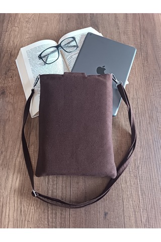 Aksesuarsepeti El Yapımı Ayçiçek Desenli Motifli Astarlı Taşıma Askılı Cepli Kadın Tablet Çantası Kitap Çantası Acıkahverengi