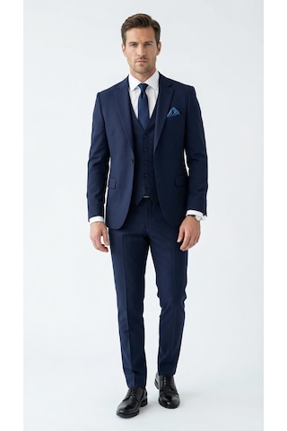 Erkek 3 Parça Slim Fit Takım Elbise Klasik Likralı Kumaş, Tek Düğme, Çift Yırtmaçlı Modern Kesim Ceket Yelek Pantolon Lacivert