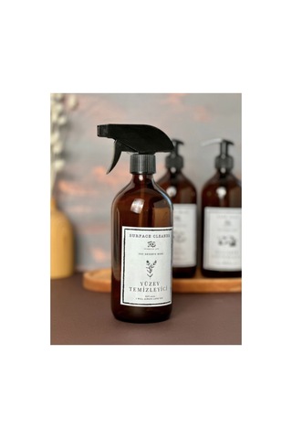 Ahşap Standlı 3'lu Amber 500ml Cam Bulaşık Deterjan Sıvı Sabun Yüzey Temizleyici Sabunluk Seti Kahverengi Kahverengi