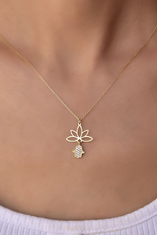 Papatya Silver 925 Ayar Gümüş Altın Kaplama Fatma Ana Eli Lotus Çiçeği Kolye