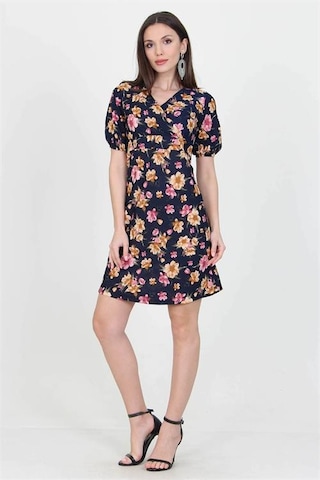 Neşeli Butik Kadın Kruvaze Yaka Çiçek Desenli Örme Krep Mini Elbise Nb100221 Lacivert
