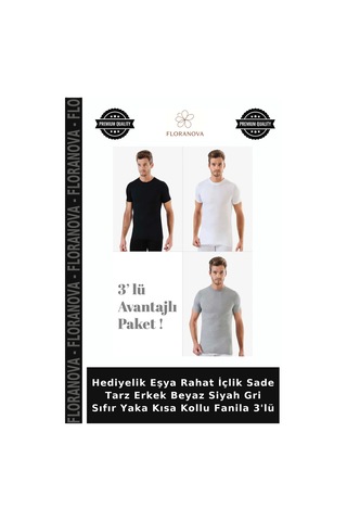 Floranova Hediyelik Eşya Rahat İçlik Sade Tarz Erkek Beyaz Siyah Gri Sıfır Yaka Kısa Kollu Fanila 3'lü Çok Renkli