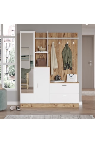 Yurudesign Wisdom Vestiyer Ayakkabılık Portmanto Aynalı Raf Çam-B
