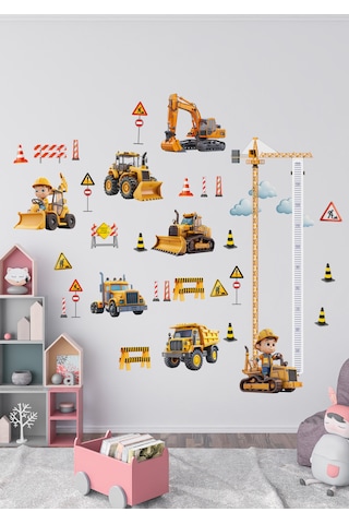 İş Makinası Temalı Boy Ölçerli Duvar Sticker Seti - Mat, Sökülebilir, Çocuk Odası Dekoru 01