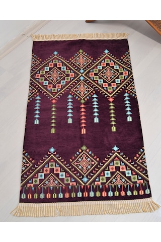 Çeyizlik Hediyelik Seccade Eşarp Tesbih Set Kilim Desenli Kadife Astarlı Seccade, Eşarp, Kristal Tesbih Özel Kutulu Lüks Hediye Seti Mor
