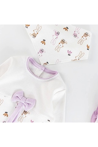 Tavşan Detaylı Fiyonklu 5 Parça %100 Pamuk Kız Bebek Hastane Çıkışı Lila