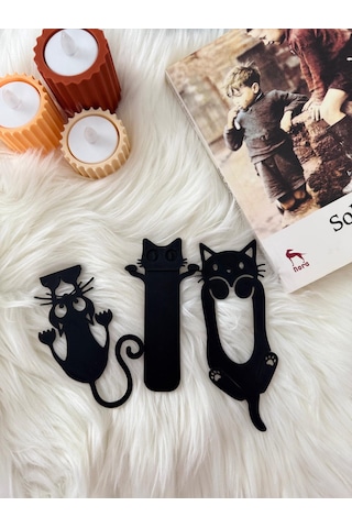 3 Adet Eğlenceli Kedi Kitap Ayracı Seti Siyah Sert Plastik Kırtasiye