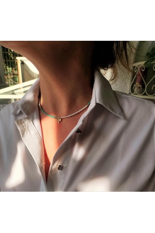 GOLD KAPLAMA YUSUFÇUK FİGÜR DETAY MAVİ BEYAZ BONCUK KOLYE-KOL114 Mavi