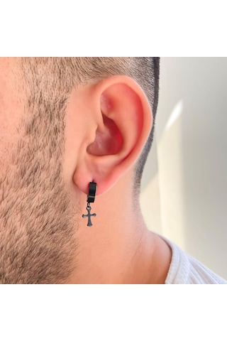 Çelik Halka Küpe Siyah Haç Model Sallantılı Küpe Unk-695 Siyah