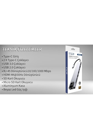 Inca Itpc-7t Type-c Giriş 2xtype-c Çoklayıcı Rj-45 Hdmı 4k 30 Usb 3.0 Çoklayıcı Micro Sd Kart