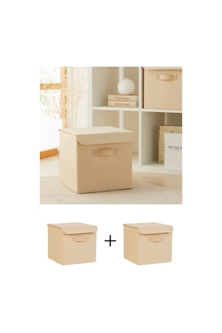 Ocean Home Textile 2'li Bej Balıksırtı Kapaklı Kutu Set 30 x 30 x 30 cm