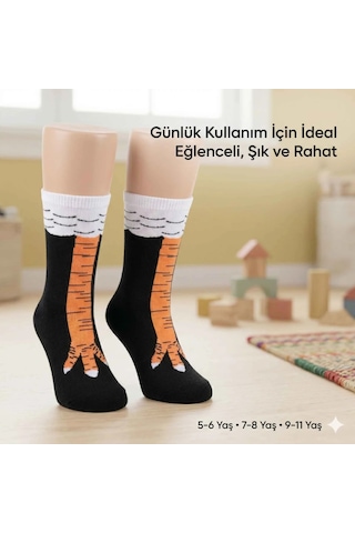 Womanandkids Wak Tavuk Ayağı Desenli Çocuk Çorap Siyah Turuncu Eğlenceli Hayvan Figürlü Yumuşak Dokulu Günlük Çor