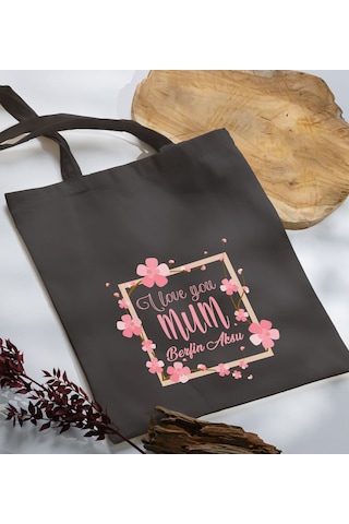 Bk Gift Kişiye Özel İsimli Anneler Günü Tasarımlı Antrasit Kumaş Bez Çanta, Baskılı Omuz Çantası, Alışveriş Çantası, Anneler Günü Hediyesi, Anneye Hediye-7 Sarı