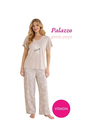 Seamlife Kadın Düğmesiz Geniş Yaka Viskon Kısa Kol Palazzo Pijama Takımı-oversize Üst Geniş Paça Alt Homewear Bej
