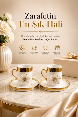 2 Li Gold Yaldızlı Porselen Lotus Çiçek Kahve Fincan Takımı 100ml Beyaz