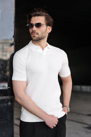 Madmext Beyaz Slim Fit Polo Yaka Triko Erkek Tişört E7472 Beyaz