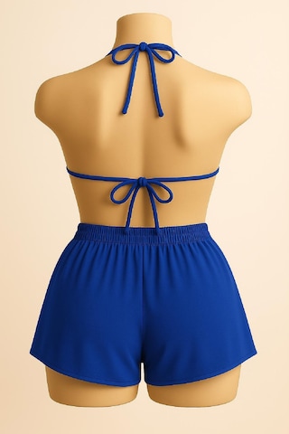 Moda Dua Kadın Mavi Şortlu Belden Ve Boyundan Bağlamalı Bikini Takımı