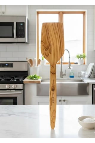 Kamptek Ahşap Doğal Zeytin Ağacından Standart Spatula 27 Cm Siyah