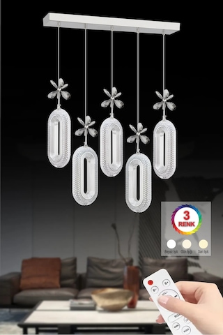 İstanbul Avize Led Alfa 5'li Sıralı Led Gümüş Yemek Masası Kumandalı 3 Renk Ledl
