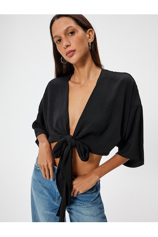 Koton Crop Üst V Yaka Bağlama Detaylı Oversize Kimono Kol Siyah 4sal50001ıw Siyah