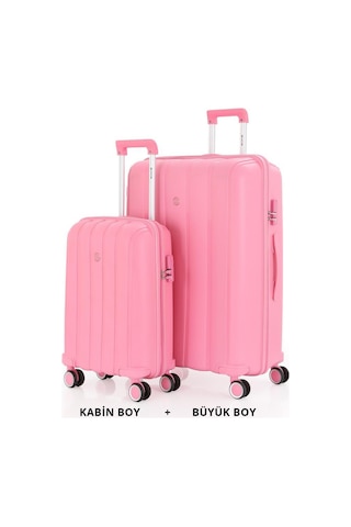 Mçs Bavul Büyük Ve Kabin 2li Set Kırılmaz Silikon Valiz V305 Pembe