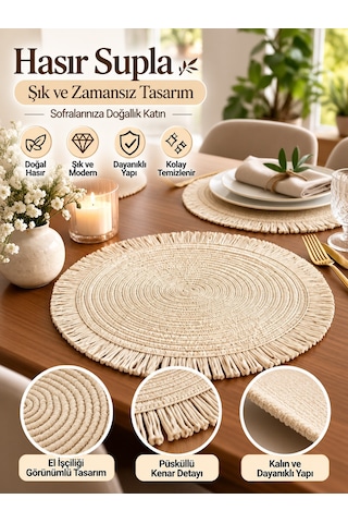 Mucit Home Krem Püsküllü Hasır Supla Yuvarlak Amerikan Servis Tabak Altlığı Dekoratif Örgü Sofra Matı Kahverengi