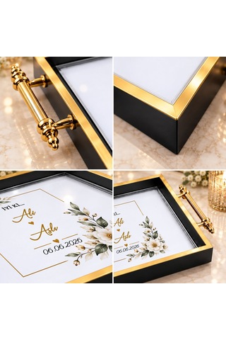 Bk Gift Kişiye Özel Siyah&gold Söz Nişan Tepsisi-4 - 39x23 Cm Çok Renkli