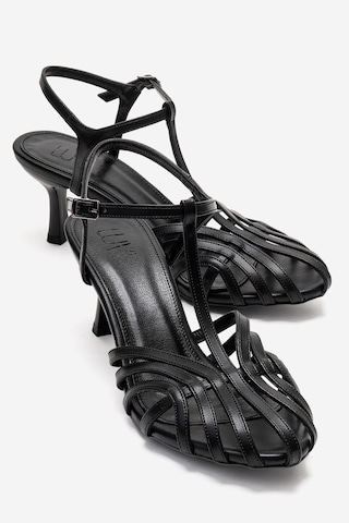 Luvishoes Luvi Shoes Felip Siyah Cilt Bantlı Kadın Kısa Topuklu Ayakkabı Siyah