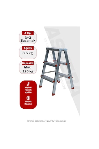 Asvera 3+3 Çift Çıkışlı A Tipi Katlanabilir Profil Merdiven - Çift Taraflı Galvanizli Merdiven