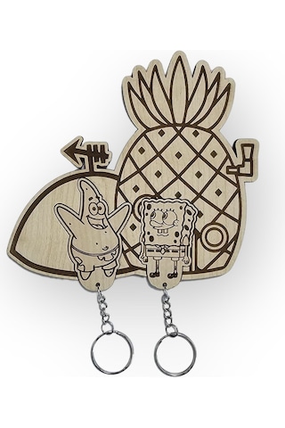 Süngerbob Ve Ananas Ev Ahşap Anahtarlık Çok Renkli