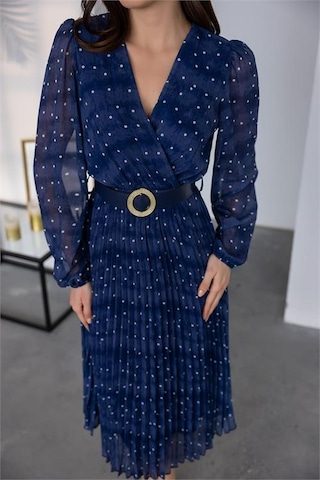 Neşeli Butik Kadın Kemerli Puantiye Desenli Şifon Elbise Nbmy3286 Mavi