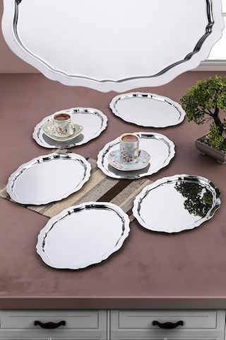 6 Adet Oval Dalgalı Sade Kahve Ve Sunum Tepsisi 20 Cm X 25 Cm, Gümüş