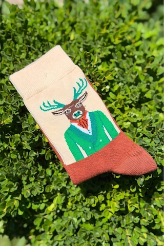 Lousocks Unisex Geyik Desenli Renkli Soket Çorap Bej