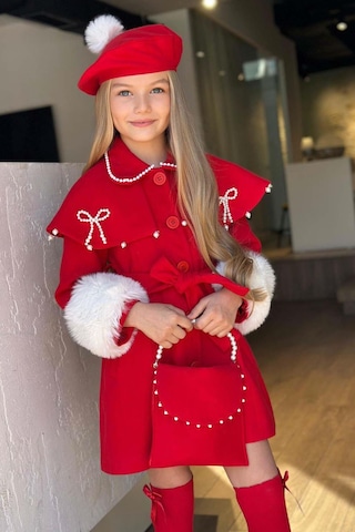 Riccotarz Kız Çocuk Boydan Yakası İnci Taş İşlemeli Şal Detaylı Kemerli Kırmızı Kaşe Kırmızı