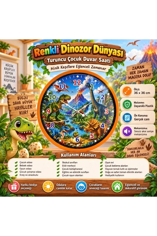 Almira Duvar Saati Renkli Dinazor Dünyası 36 X 36 Cm Turuncu Çocuk Duvar Saati