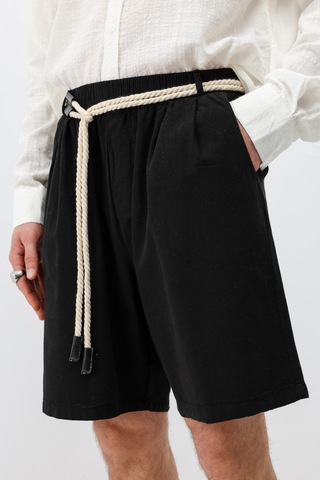 Vamos Kemerli Oversize Keten Şort Siyah