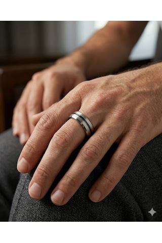 Erkek Siyah Çizgi Detay Gümüş Renk 6 Mm Tungsten Yüzük Gümüş - Siyah