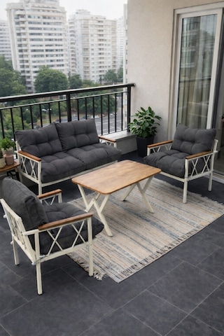 Ard & Garden Miray Krem 211 Masalı Antrasit Fermuarlı Düğmeli Bahçe Oturma Grubu Balkon Oturma Takımı Salon Teras Antrasit