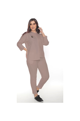 Lady Majestic Cotton 1. Kalite Büyük Beden Özel Tasarım Eşofman Takımı Vizon