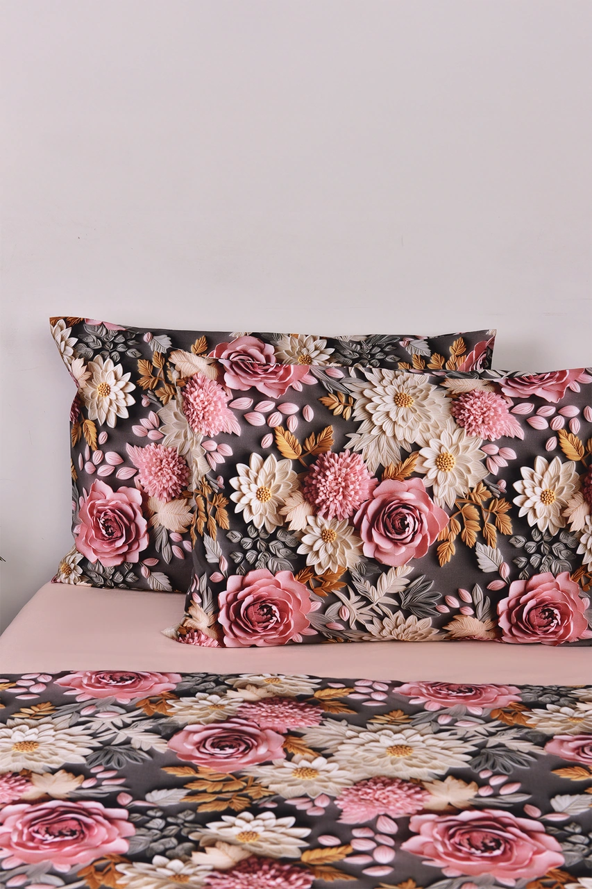 3d Çiçek Desenli Çift Kişilik Nevresim Takımı %100 Pamuk Beyaz