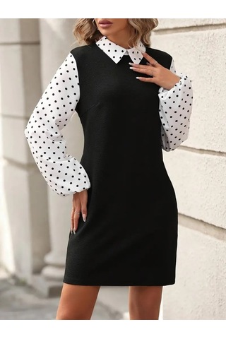 Kadın Yakalı Kol Ve Yaka Puantiyeli Uzun Kollu Krep Elbise Siyah